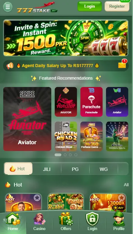 777Stake Game home page showing invite and spin 1500 PKR reward banner, Aviator featured game, hot casino games from JILI PG and WG providers on Android app