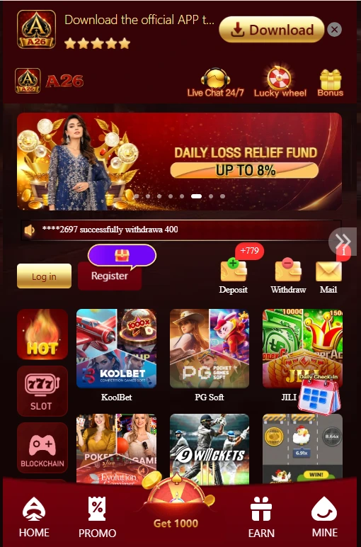 A26 gaming app homepage showing promotional banners, login/register buttons, deposit and withdrawal options, and various online casino games in a red-themed interface.