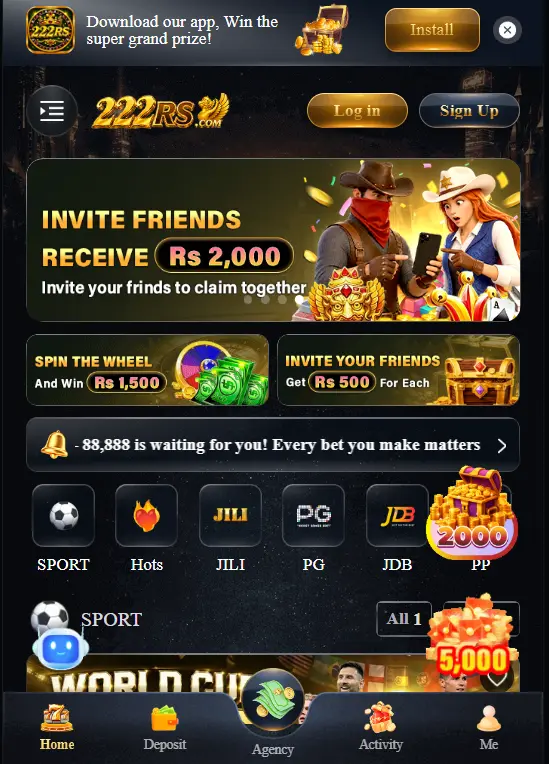 222RS.com website homepage with invite friends banner, spin the wheel offer, and game categories