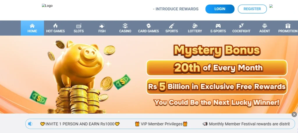 Homepage Banner
9999Win online casino homepage showing Mystery Bonus on the 20th of every month with Rs 5 billion in exclusive free rewards and golden piggy bank with coins