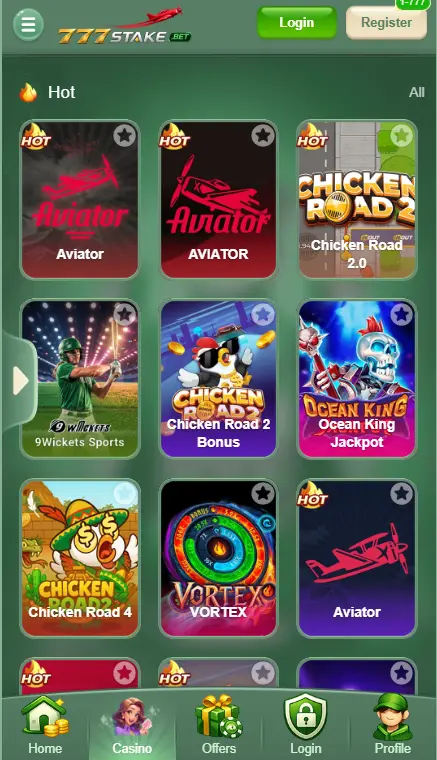 777Stake Game casino page featuring hot games including Aviator, Chicken Road 2, Ocean King Jackpot, Vortex and 9Wickets Sports on Android

