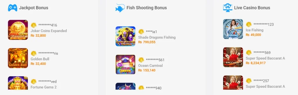 Bonus Winners
9999Win jackpot bonus, fish shooting bonus, and live casino bonus winners list showing real money winnings in Pakistani Rupees