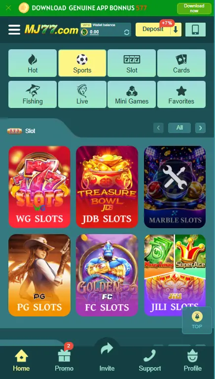 MJ77 game categories showing slots and game options