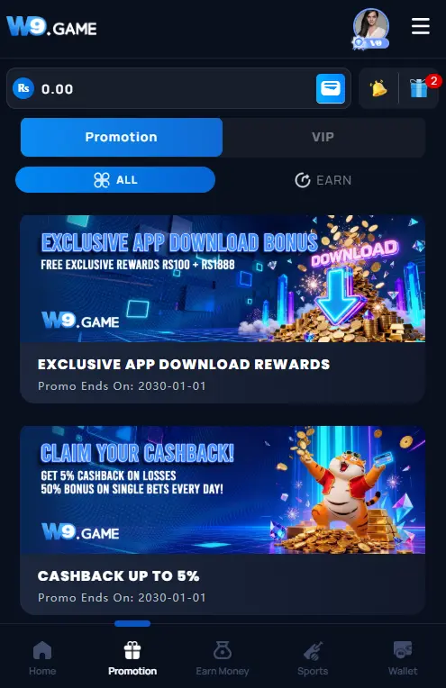 W9 Game promotion page cashback and download bonus