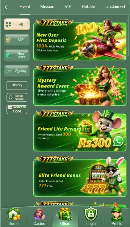 777Stake Game offers page showing new user first deposit 100% bonus, mystery reward event, friend lite reward Rs300 and elite friend bonus 777 free

