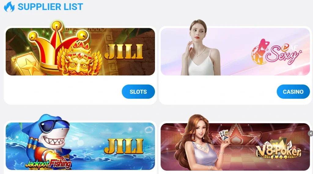 9999Win supplier list showing JILI slots, AE Sexy live casino, JILI Jackpot Fishing, and V8 Poker game categories
