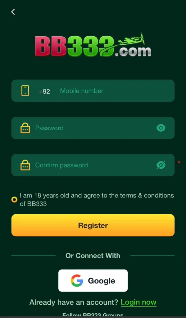 BB333 Game register page with mobile number and password fields.