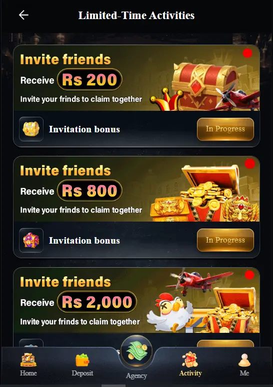 222RS app invite friends page showing Rs 200, Rs 800, and Rs 2000 bonus rewards
