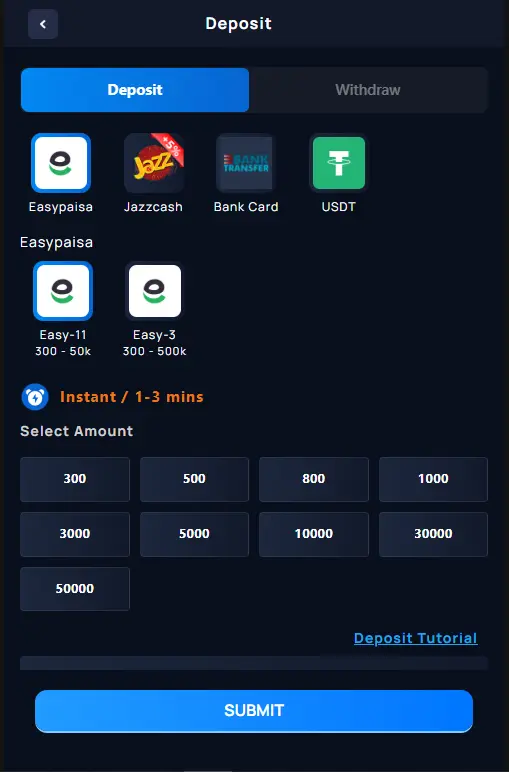 W9 Game deposit screen Easypaisa Jazzcash options