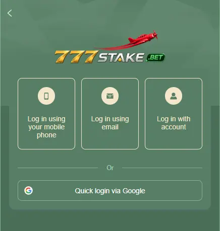 777Stake Game login page with options to sign in via mobile phone, email, account or Google on Android app

