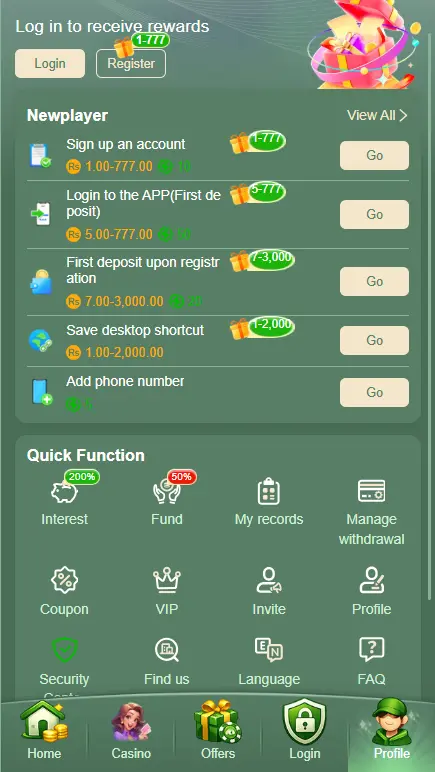 777Stake Game new player rewards page showing sign up bonus, first deposit offer and quick function menu on Android app

