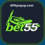 Bet55 official app logo with green airplane design on dark background — APKpopup.com
