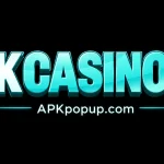 PK Casino Game download feature image with glowing blue 3D text on black background and APKpopup.com branding.