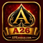 Golden black and red A26 gaming app logo with a golden spade design and APKpopup.com written at the bottom.