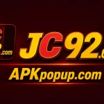 JC92 Game APK Download banner with golden 3D JC92.com logo on a dark red background and APKpopup.com text below.