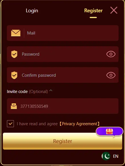 Registration screen of JC92 app showing email, password, confirm password, invite code fields, and a register button on a dark red background.