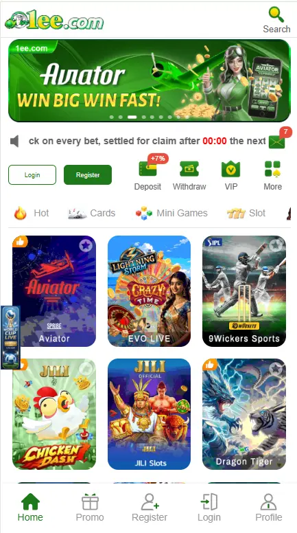 1ee game homepage showing Aviator, sports, mini games, JILI slots, Dragon Tiger, deposit, withdrawal, and VIP options