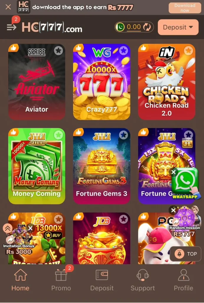 HC777 Game Home Screen Aviator Crazy777 ChickenRoad2 Fortune Gems Pakistan