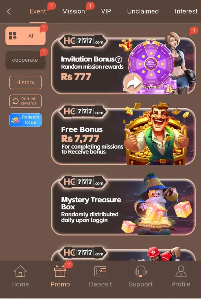 HC777 Game Bonus Offers Rs777 Invitation Bonus Rs7777 Free Bonus Pakistan