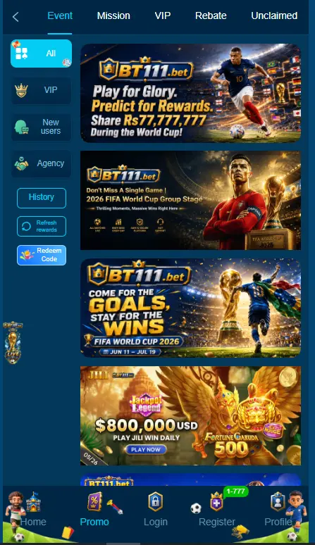 BT111.bet promo page with FIFA World Cup 2026 predict and reward banner