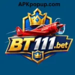 BT111.bet game logo with golden crown and red biplane on navy background