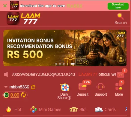 LAAM777 home screen with invitation bonus banner offering Rs 500 recommendation bonus