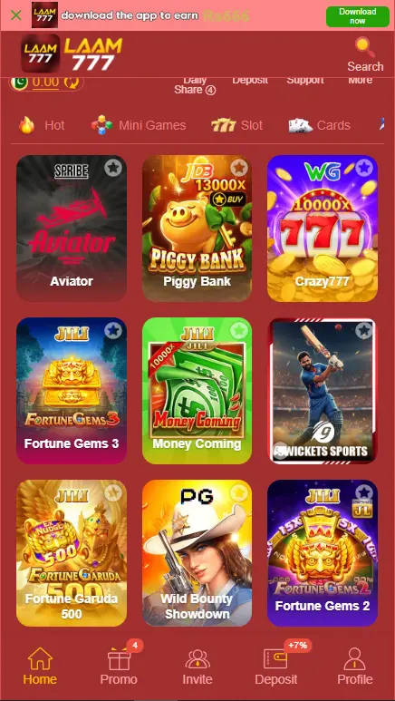 LAAM777 home screen showing popular games including Aviator, Piggy Bank, Crazy777, Fortune Gems 3 and Wild Bounty Showdown