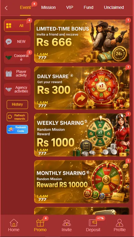 LAAM777 promo screen showing limited-time bonus, daily share, weekly sharing and monthly sharing rewards