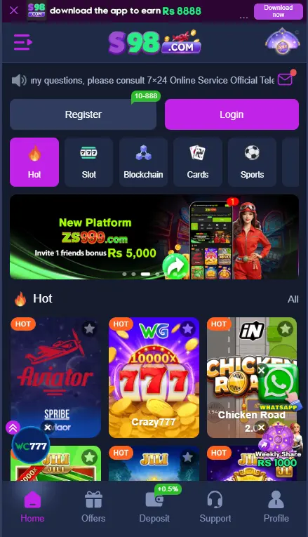 S98 Game home screen showing hot games including Aviator, Crazy777, and Chicken Road on Android