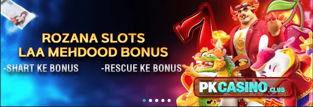 PK CASINO Game promotional banner showing Rozana Slots unlimited bonus offer with colorful gaming characters, glowing red casino theme, and daily reward promotions.