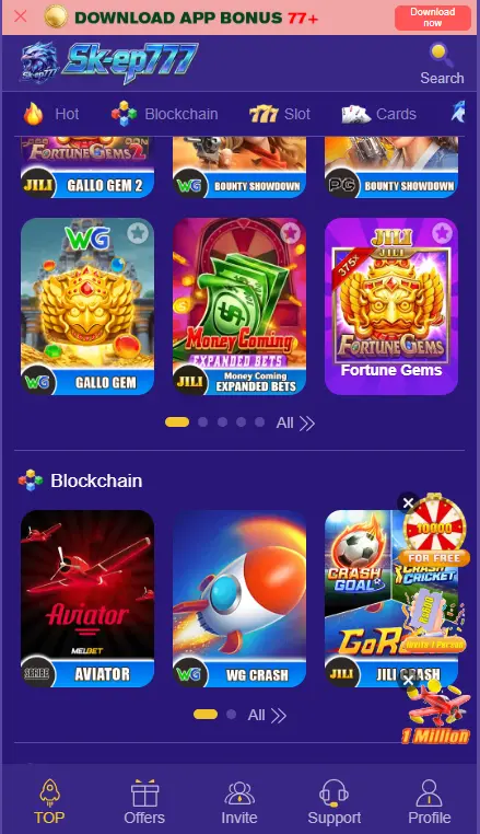SKep777 Game lobby showing slot and blockchain games