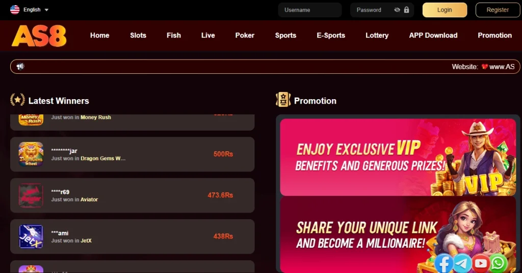 Screenshot of the AS8 online gaming website homepage with casino categories, latest winners section, login options, and promotional VIP banners.