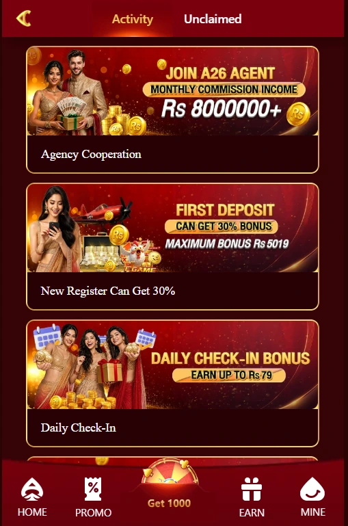 A26 Game promotions page showing agent commission income, first deposit bonus, and daily check-in rewards
