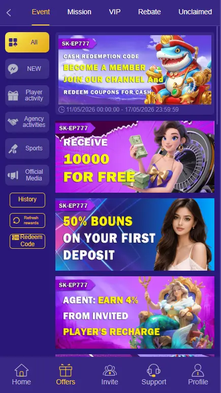 SKep777 Game bonuses and offers page showing promotions