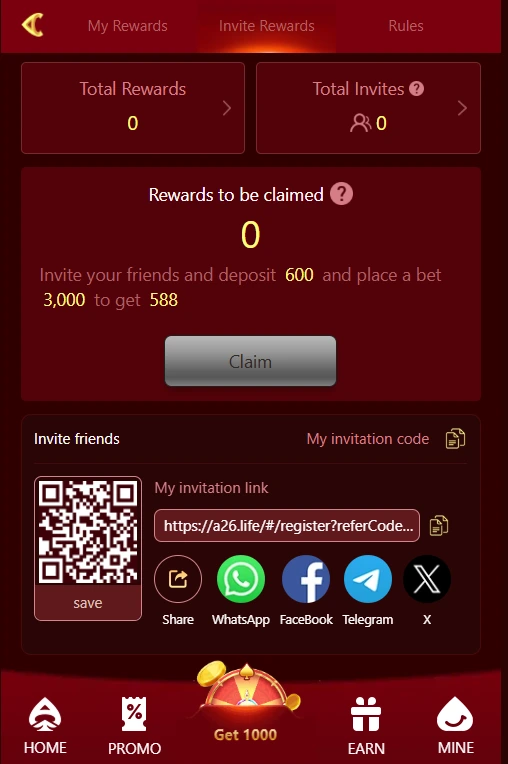 A26 Game referral program screen showing invitation link, QR code, and social sharing options