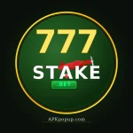 777Stake Game official logo with golden 777 numbers, red airplane, silver STAKE text and green BET badge on dark green background – APKpopup.com