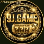 Gold circular casino-style logo with “9J.GAME” in bold metallic lettering above a slot machine showing triple sevens, surrounded by ornate decorative patterns on a dark background.
