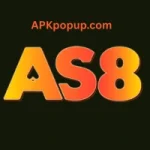 AS8 logo in bold orange and yellow gradient text on a black background with APKpopup.com branding at the top.