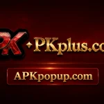 PKplus.com logo on a dark red background with APKpopup.com written in a gold text box below.