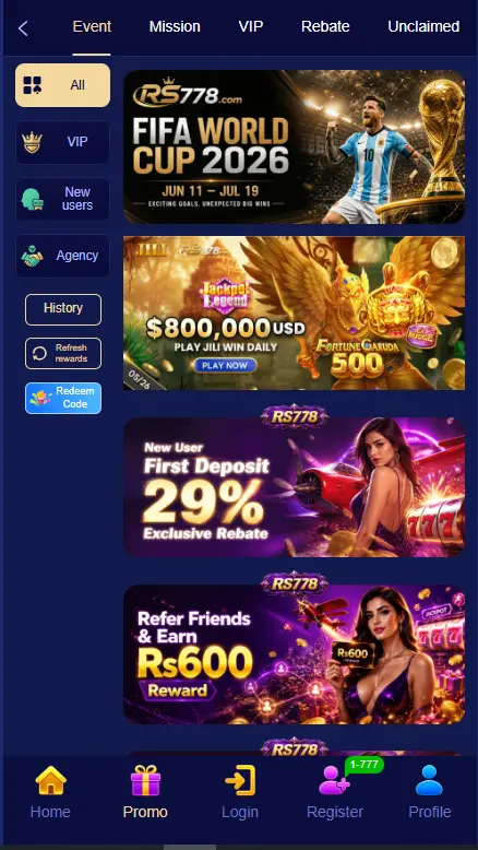 RS 778 promotions page – FIFA World Cup 2026, jackpot, first deposit rebate and referral bonus