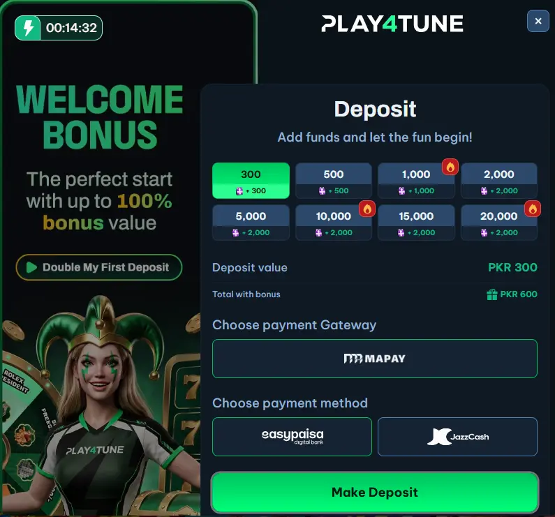 Play4Tune Game deposit screen with Easypaisa JazzCash and welcome bonus