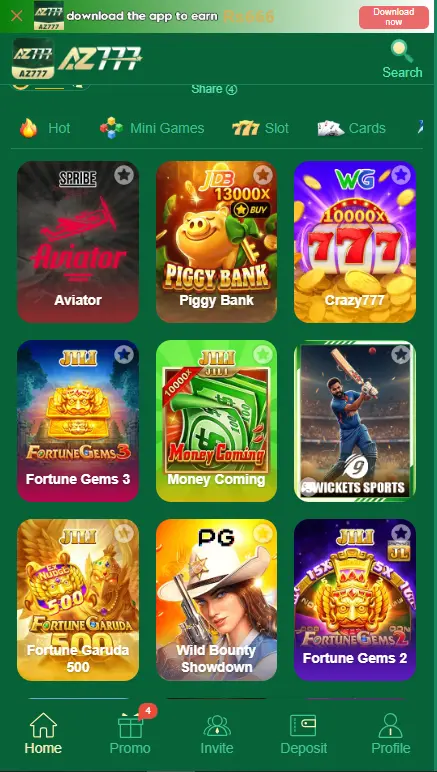 AZ777 Game home screen showing available games