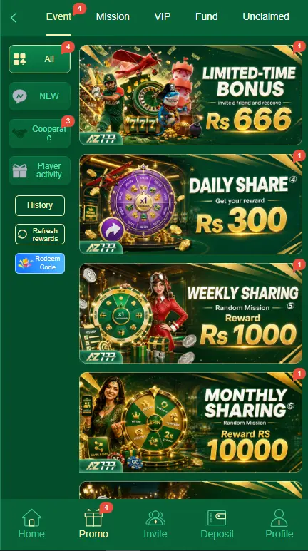 AZ777 Game promo events and rewards page screenshot